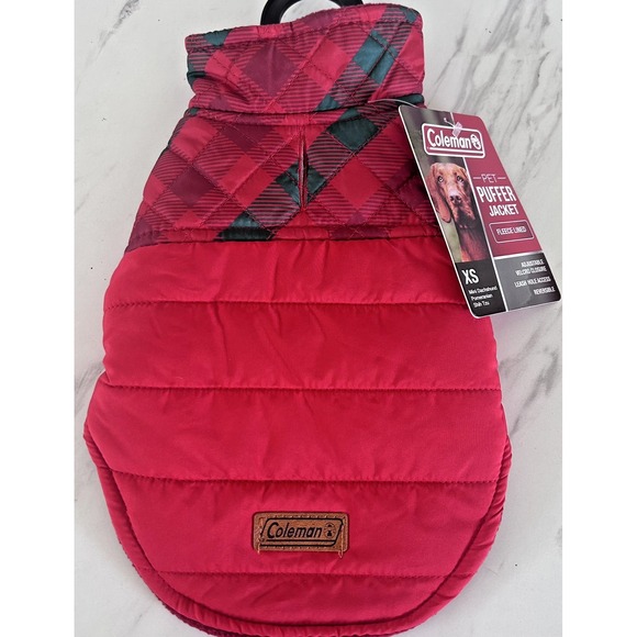 Coleman Pet Dog Puffer Jacket Red Plaid Print Fleece Lined XS‎ New! BxT - Picture 1 of 4